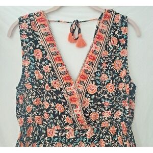 Devi Romper Womens Large Black Pink Floral Boho Sleeveless Tassel Tie Summer Y2K